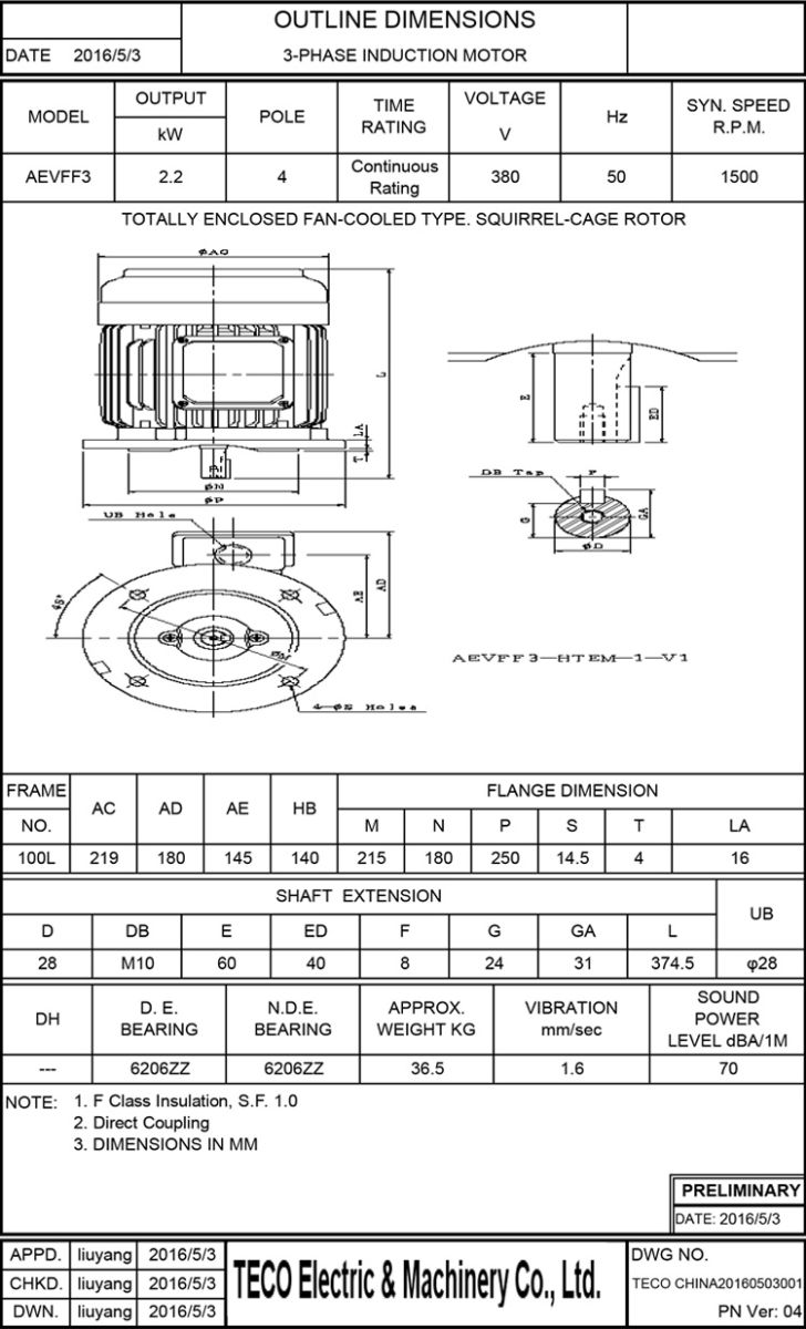 東元電機(jī)AEVF 2.2KW 4P尺寸圖