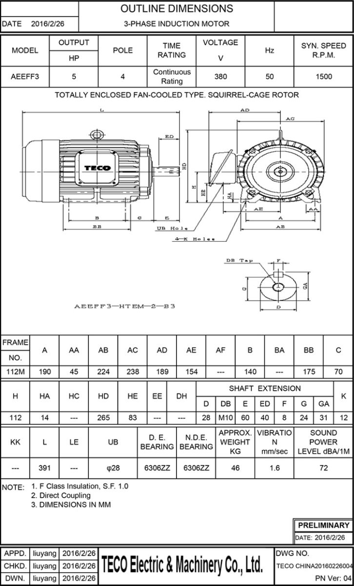 東元電機(jī)AEEF 5HP 4P尺寸圖